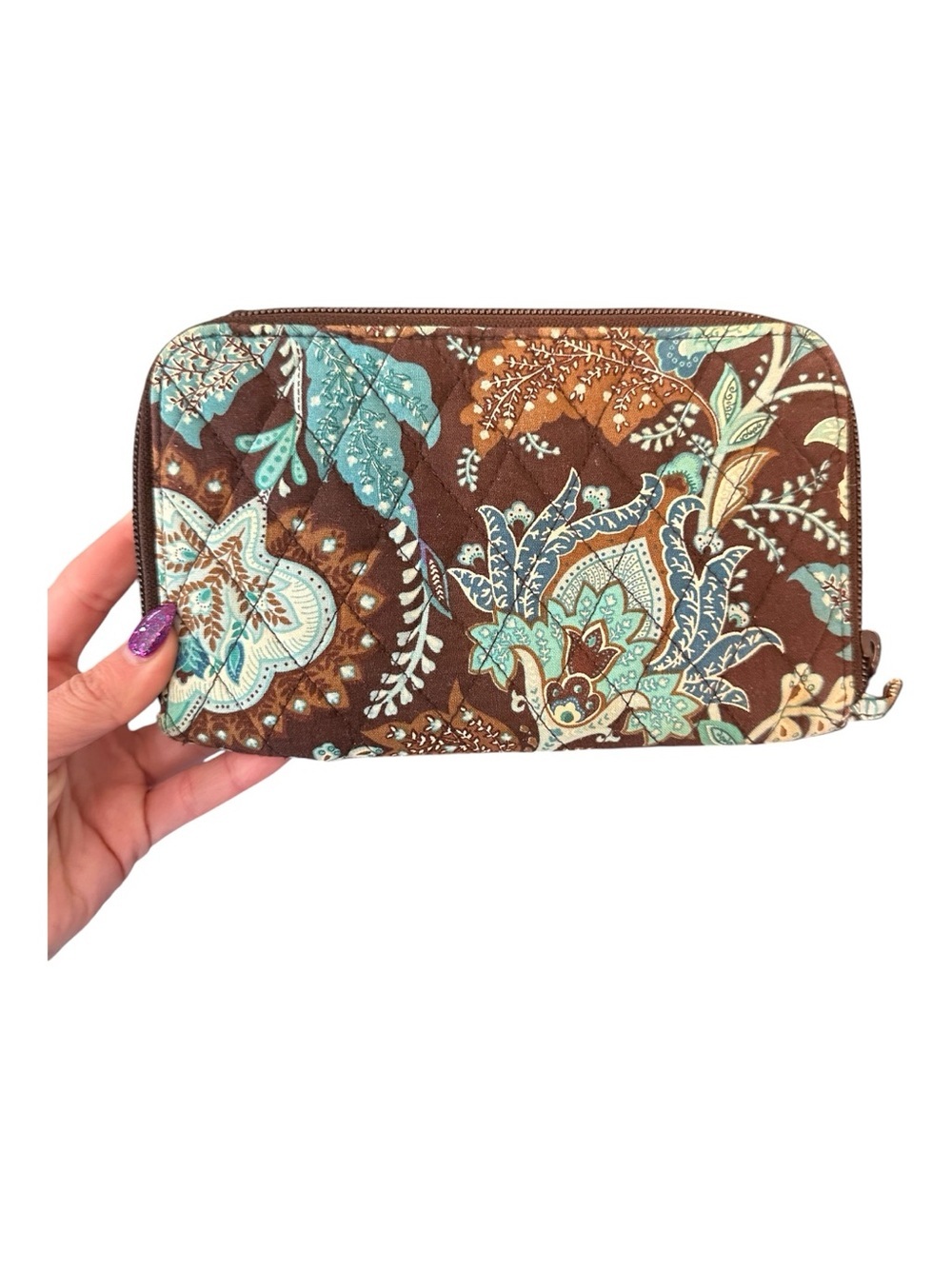 Y2K Era Vera Bradley Brown Quilted Floral Zip Wallet with Teal Accents - Picture 1 of 4